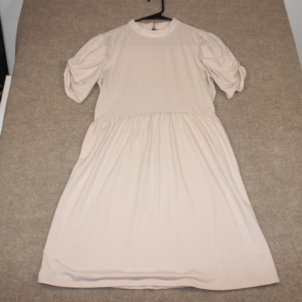 Bebop Beige Mock Neck Babydoll Dress Puff Sleeve Small